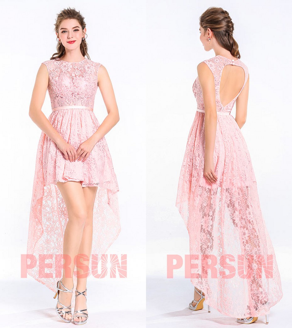 robe de soirée courte devant longue rose dos nu en dentelle 